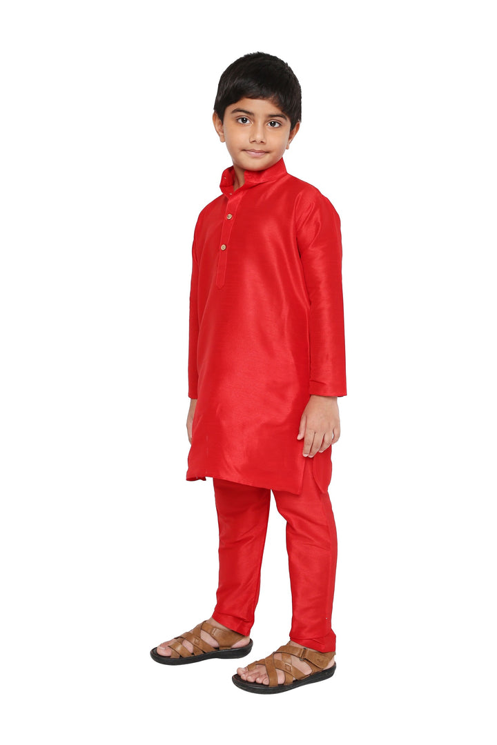Angled front view of Kids Red Art Silk Kurta Set - Banarasi Style showing stylish design and vibrant color for festive wear.