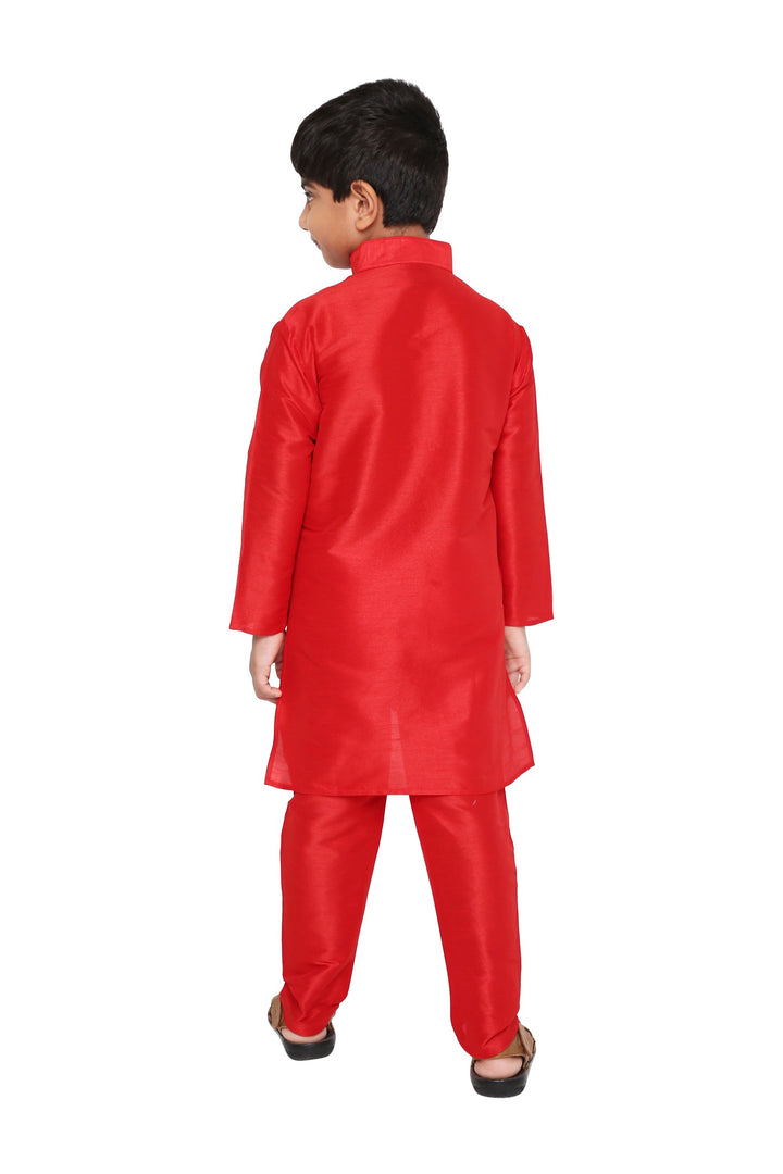 Back view of Kids Red Art Silk Kurta Set - Banarasi Style displaying smooth finish and tailored fit for boys' traditional attire.
