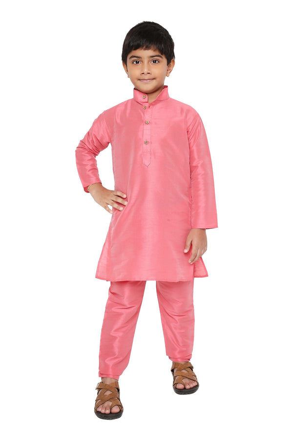 Kids Banarasi Kurta Pyjama in pink art silk with mandarin collar and wooden buttons, ideal for festive and traditional occasions.