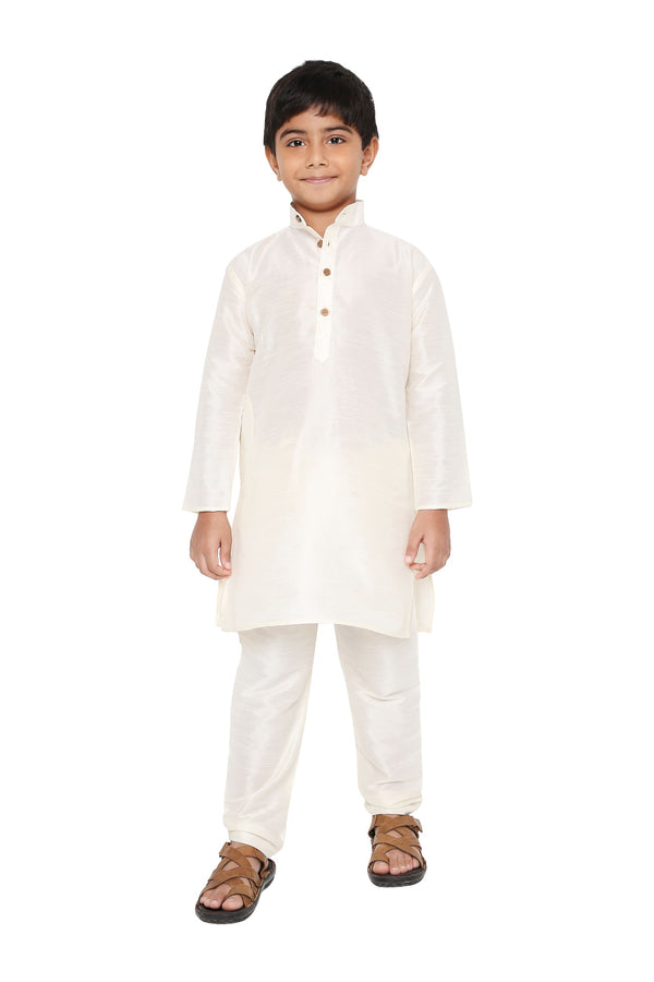 Kids Kurta Pyjama Set - Traditional Comfort in white Banarasi art silk for boys. Ideal for festive wear, available in all sizes.