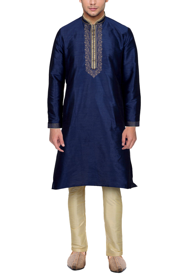 Art Raw Silk Kurta - Blue Embroidered front view showcasing intricate neckline embroidery, ideal for festive and traditional occasions.