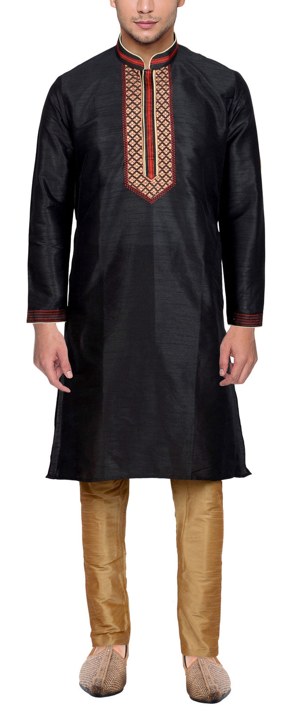 Art Silk Kurta Set in black with intricate embroidered neckline, ideal for weddings and traditional festive wear.