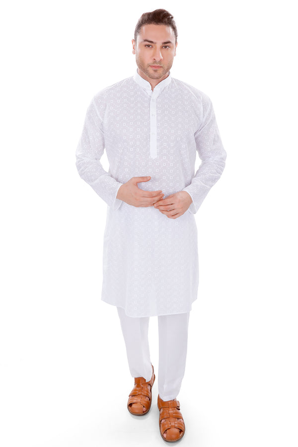 Pure Cotton Self Design Kurta in White