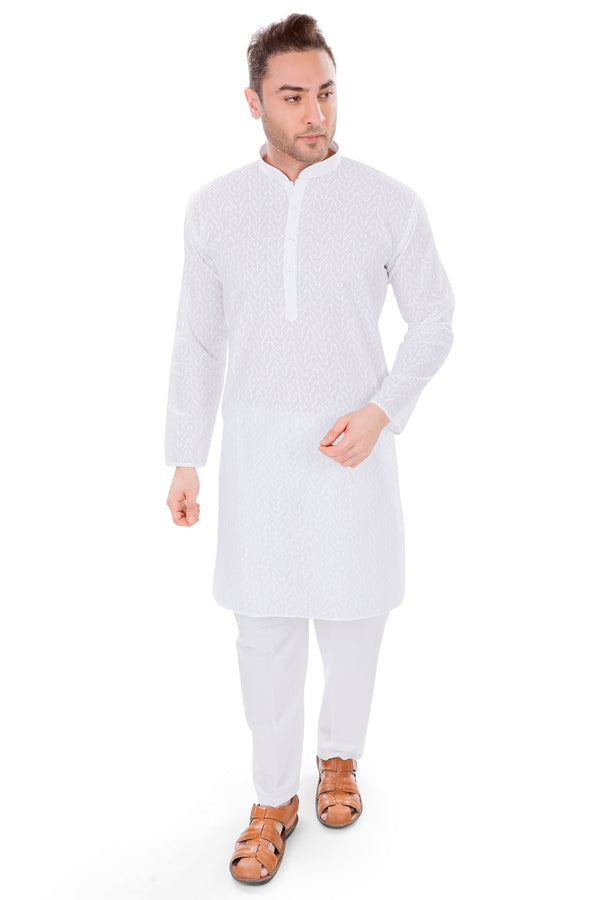 Pure Cotton Self Design Kurta in White