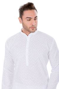White Pure Cotton Self Design White Kurta Pyjama Set [MSKP024]