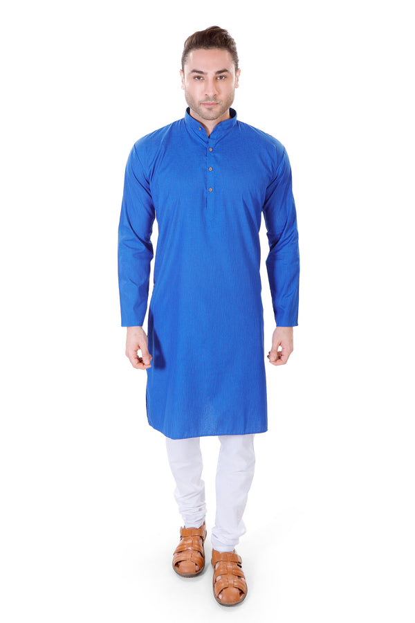 Solid Cotton Blend Kurta in Blue
