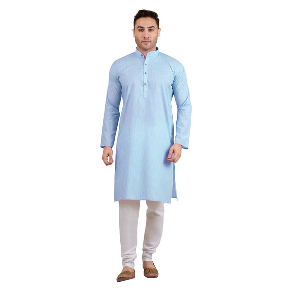 Striped PolyBlend Kurta and Cotton Pyjama Set in Blue
