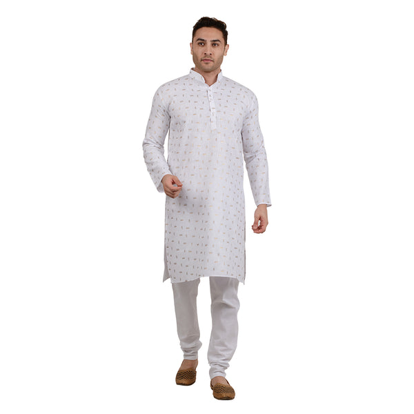 Cotton Linen with Gold Design Kurta in White