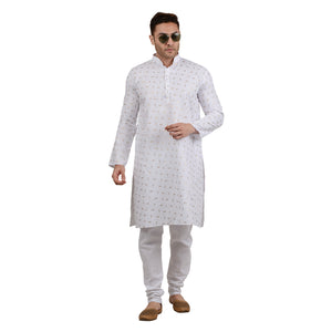 Men's Cotton Linen with Gold Design Kurta Pyjama Set in White [MSKP098]