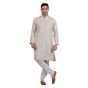 Men's Cotton Linen with Gold Design Kurta Pyjama Set in Beige [MSKP100]