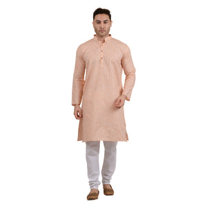 Men's Cotton Linen Striped Kurta Pyjama Set in Orange [MSKP101]