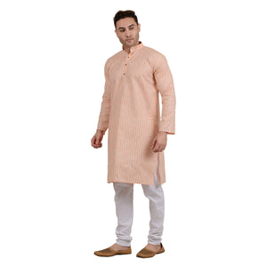 Men's Cotton Linen Striped Kurta Pyjama Set in Orange [MSKP101]