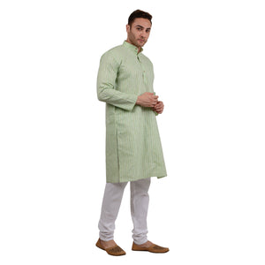 Men's Cotton Linen Striped Kurta Pyjama Set in Pista Green [MSKP102]