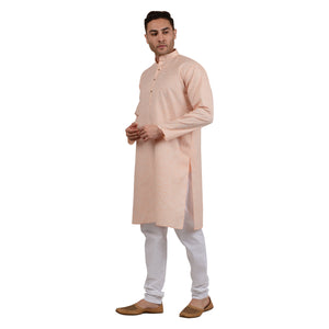 Men's Cotton Linen Horizontal Stripe Kurta Pyjama Set in Orange [MSKP105]