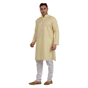 Men's Cotton Linen Horizontal Stripe Kurta Pyjama Set in Yellow [MSKP107]