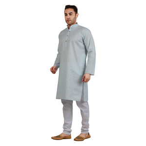 Men's Cotton Linen Horizontal Stripe Kurta Pyjama Set in Blue [MSKP108]