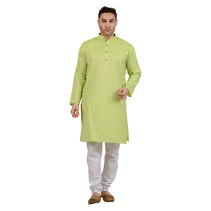 Men's Cotton Linen Geometric Design Kurta Pyjama Set in Green [MSKP112]