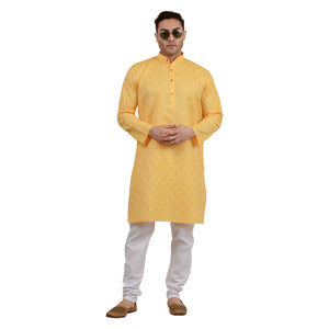 Men's Cotton Linen Geometric Design Kurta Pyjama Set in Yellow [MSKP113]