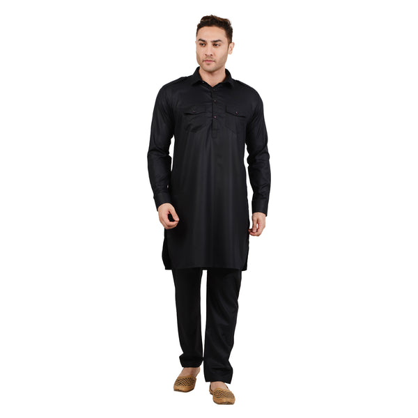 Wrinkle Free Poly Blend Pathani Set in Black