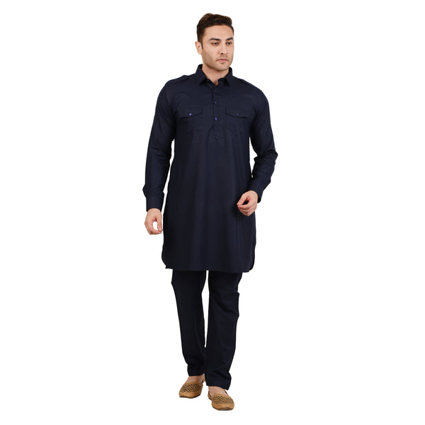 Wrinkle Free Poly Blend Pathani Set in Blue