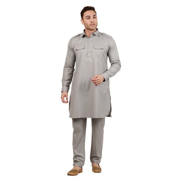 Wrinkle Free Poly Blend Pathani Set in Grey