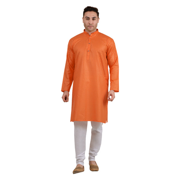 PolyViscose Festive Gold Print Kurta in Orange