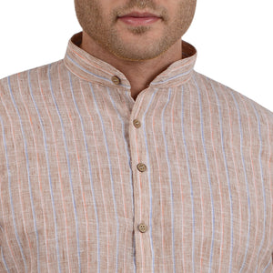 Men's Cotton Linen Striped Kurta Pyjama Set in Brown [MSKP125]