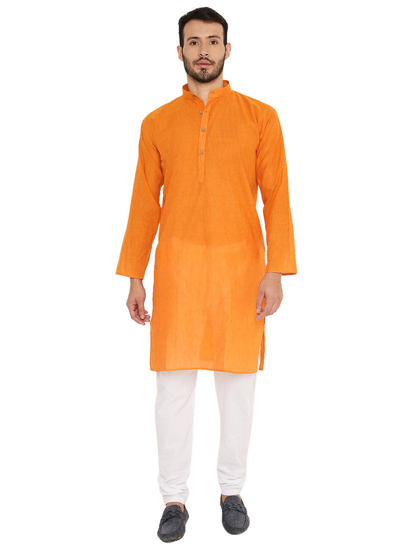 Handloom Cotton Kurta in Orange for men featuring a straight cut and mandarin collar, ideal for ethnic wear and festive occasions.