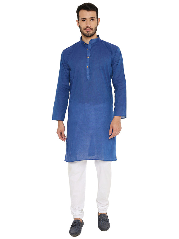 Men's handloom cotton kurta in dark blue with mandarin collar and wooden buttons, paired with white churidar pants. Ideal for traditional wear.