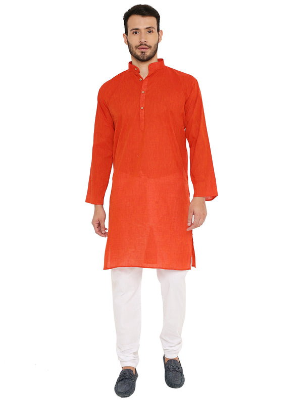 Handloom Cotton Kurta in red for men, featuring a straight fit and mandarin collar, ideal for traditional and everyday wear.