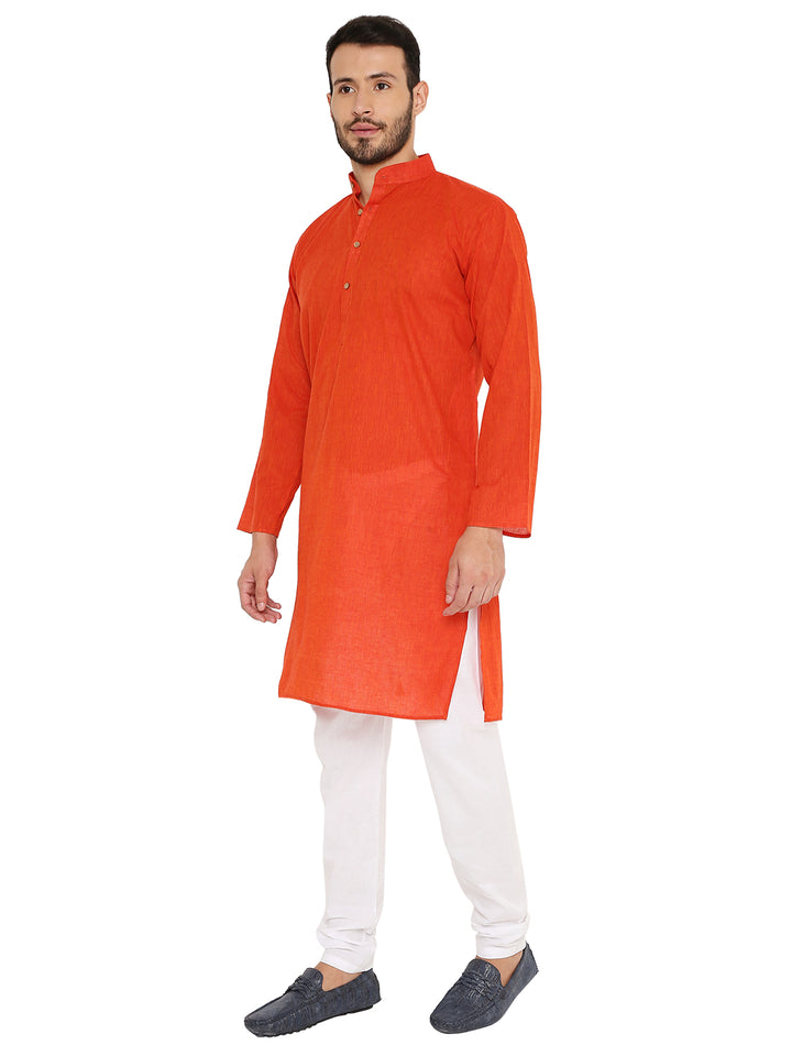 Men's red Handloom Cotton Kurta Set with side slits and breathable fabric, styled for cultural events and casual outings.