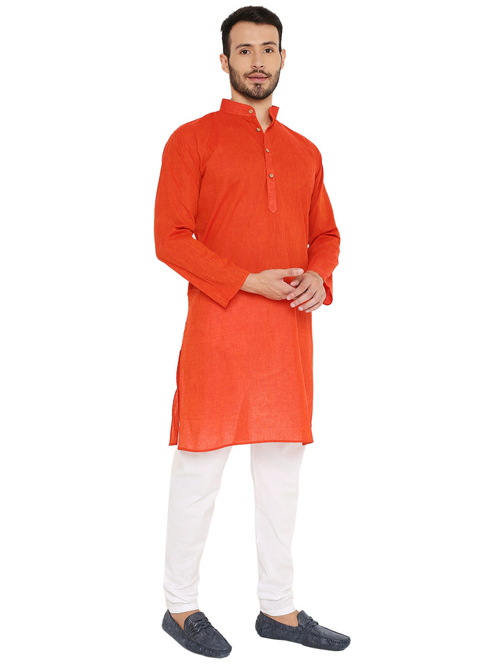 Classic red Handloom Cotton Kurta for men with button placket and long sleeves, perfect for festive and ethnic occasions.
