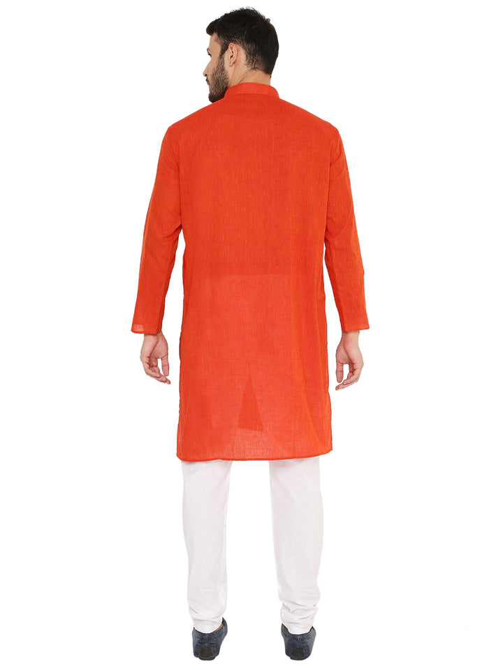 Back view of red Handloom Cotton Kurta for men, showcasing lightweight fabric and comfortable traditional design.