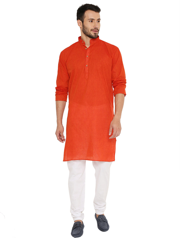 Men's breathable red Handloom Cotton Kurta with rolled sleeves, combining comfort and style for versatile traditional wear.