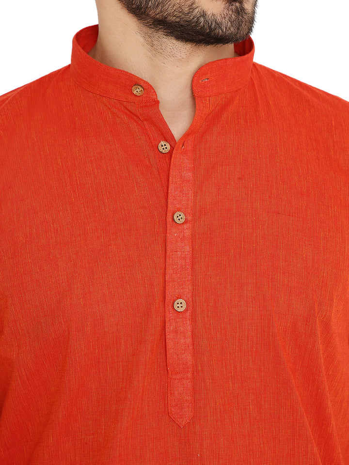 Close-up of red Handloom Cotton Kurta's mandarin collar and wooden buttons, highlighting fine craftsmanship and ethnic detailing.