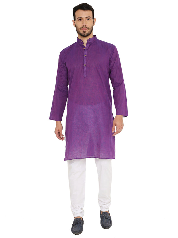 Handloom Cotton Kurta Purple - Men’s Ethnic Wear featuring a straight cut and mandarin collar, paired with white churidar for traditional style.
