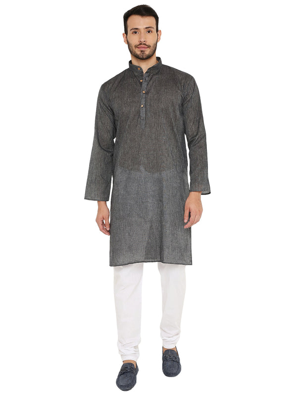 Men's Black Cotton Kurta - Handloom with wooden buttons, styled with white churidar for traditional wear. Breathable fabric ideal for festive occasions.