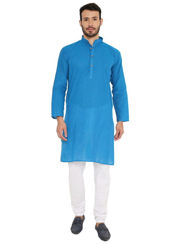 Men's Handloom Kurta in blue cotton with mandarin collar and white churidar, ideal for festive and cultural wear.