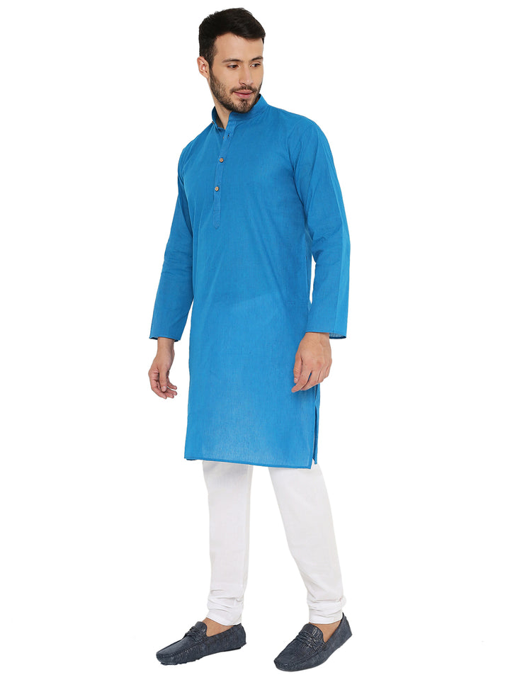 Side view of breathable blue cotton handloom kurta for men, paired with white bottoms, perfect for traditional occasions.
