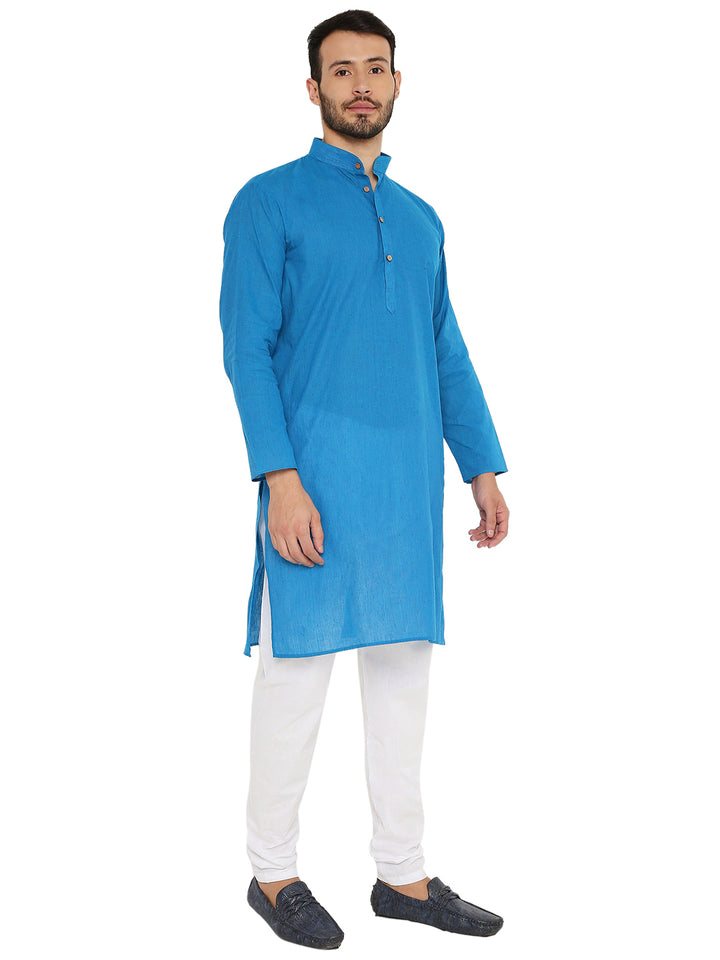 Men's blue handloom cotton kurta with button placket and side slits, styled for comfort and timeless ethnic fashion.