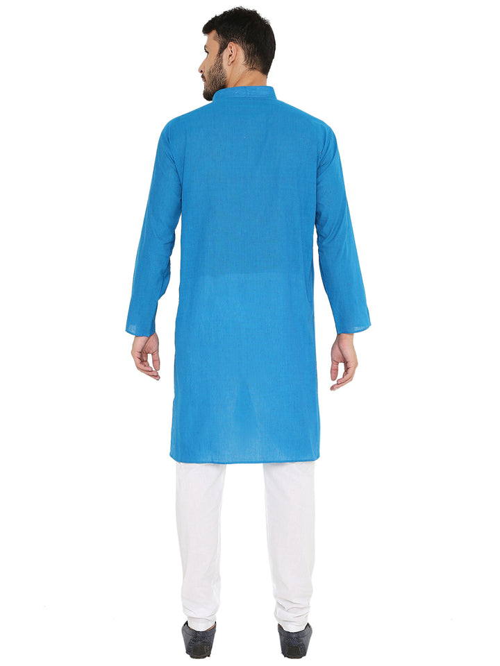Back view of men's breathable handloom cotton kurta in blue, showcasing its straight cut and traditional design.