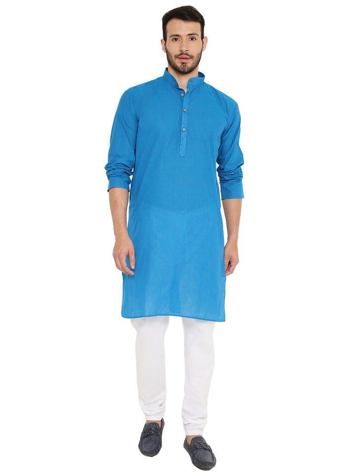 Men's handloom kurta in blue cotton with rolled-up sleeves, combining traditional style with modern comfort.