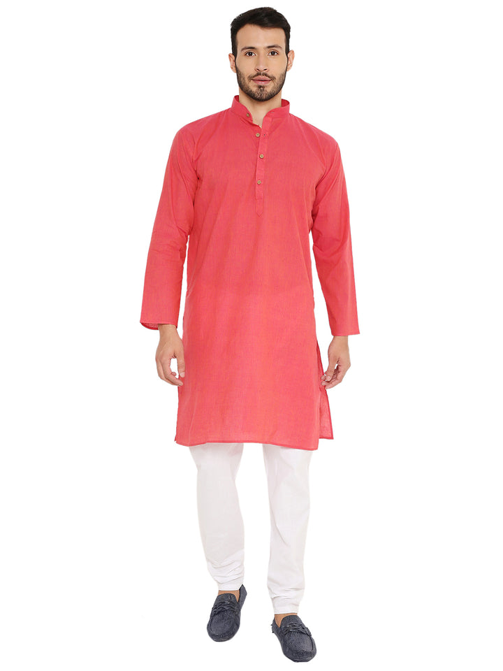 Men's Cotton Kurta - Handloom in pink with mandarin collar and wooden buttons, paired with white churidar. Ideal for traditional events.