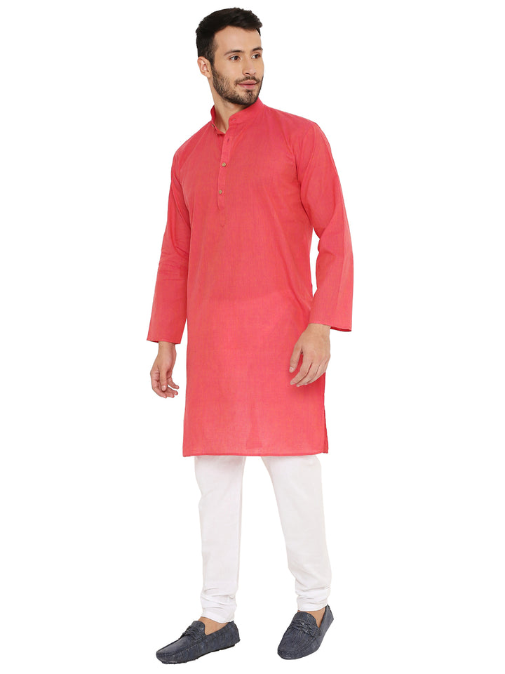 Classic pink Handloom Cotton Kurta for men, styled with white bottoms. Breathable fabric perfect for festive and casual wear.