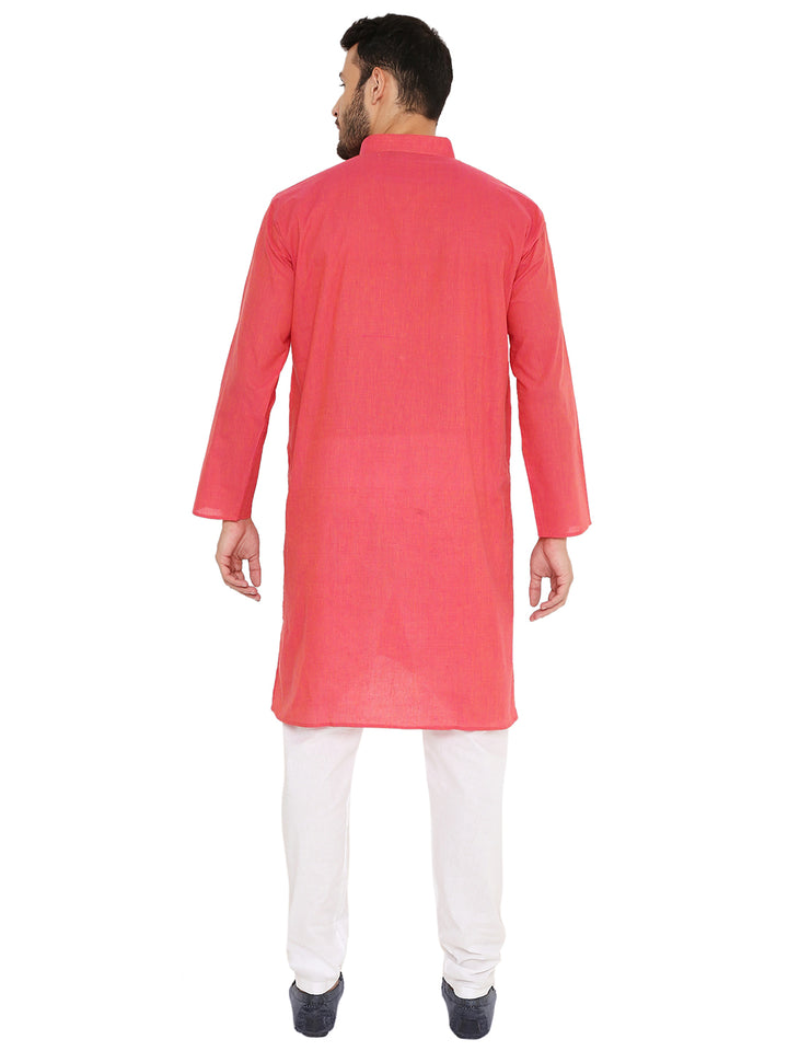 Back view of pink Men's Cotton Kurta - Handloom, highlighting its straight-cut silhouette and breathable cotton texture.
