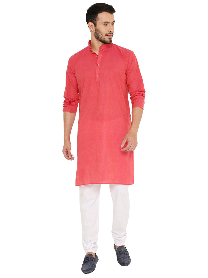 Men's pink Handloom Cotton Kurta with rolled-up sleeves, styled for a relaxed yet traditional look. Great for ceremonies or casual outings.