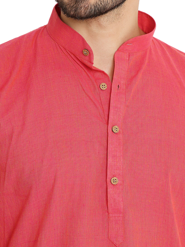Close-up of the mandarin collar and wooden button placket on the pink Handloom Cotton Kurta for men, emphasizing craftsmanship.