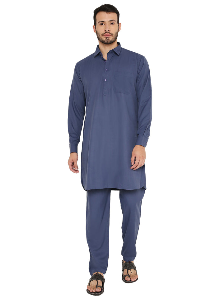 Wrinkle-free poly blend Pathani set in blue featuring a classic straight-fit kurta and matching pants, ideal for traditional wear.