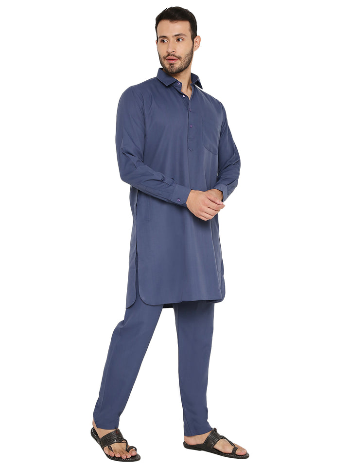 Elegant blue Pathani set in wrinkle-free poly blend, showcasing a side view of the kurta's tailored fit and comfort-focused design.