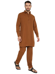 Men's Wrinkle Free Poly Blend Pathani Set in Brown for Men [MSKP151]